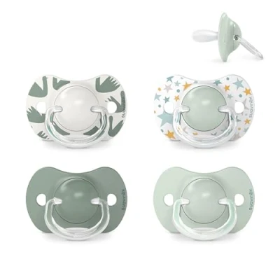 Image de Suavinex, Lot 4 Sucettes pour Bébé 6/18 Mois, Tétine Symétrique SX Pro en Silicone, plus Plate et Flexible, Réversible, Respecte le Développement Buccodentaire, Bleu Vert