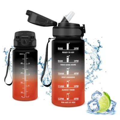 Image de Vikaster Gourdes, Gourde avec Paille 0.5litre, sans BPA, Étanche &amp; Réutilisable, Water Bottle Ouvrir en Un Clic, Convient pour la Gym, Le Yoga, Camping, Randonnée