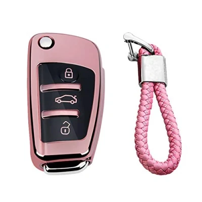 Image de M.JVisun Doux TPU Clef Coque Porte clés pour Audi A1 A3 A4 A6 A8 Quattro Q2 Q3 Q7 R8 RS3 RS6 S3 S6 TT TTS Pliant Clé de Voiture Brillant Rose Tressé
