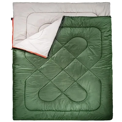 Image de Amazon Basics Rectangulaire Sac de couchage pour le camping et la randonnée par temps froid, taille Double size deux personnes, Vert olive