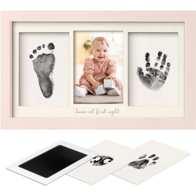 Image de KeaBabies Ensemble d&#039;empreintes de mains et pieds bébé Tampon encreur Clean Touch pour nouveau nés, cadre photo avec empreinte main Fabre (Petal Pink)