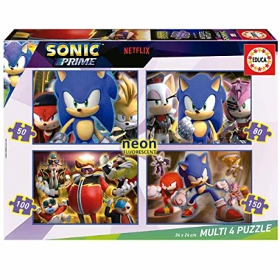 Image de Educa Multi 4 Sonic Prime Neon Ensemble de Puzzles pour Enfants progressifs 50 à 150 pièces Qui Brillent dans l&#039;obscurité. Mesure : 34 x 24 cm. +5 Ans (19631)