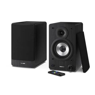 Image de Sharp CP SS30(BK) Paire de Haut parleurs étagère Actifs 2 Voies, 60 W RMS (2 x 30 W) boîtier en Bois, Bluetooth v5.0, USB, Optique, Auxiliaire, RCA, réglage Graves et aigus, Grille Amovible,