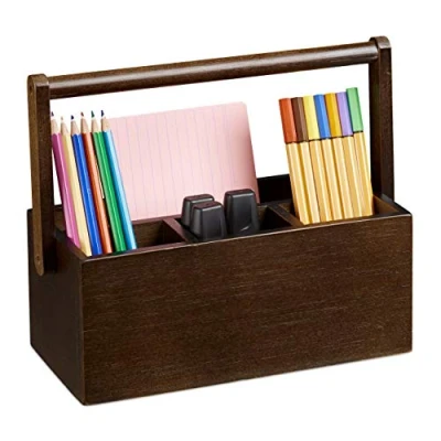 Image de relaxdays Porte stylos, Organiseur de Table en Bambou, avec Anse, Organisation du Bureau, 4 Compartiments, Marron foncé, MDF, 20 x 25 11,5 cm