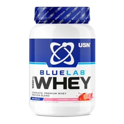 Image de USN Blue Lab Whey Boisson Protéinée en Poudre, Protéines de Lactosérum &amp; BCAA, Prise Masse Récupération, Shaker Post Entraînement, Saveur Fraise, 908 g, NBLW02