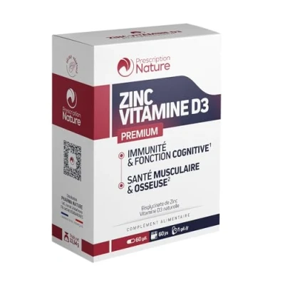 Image de Prescription Nature ZINC VITAMINE D3 Complément Alimentaire Immunité Gélules d’Origine Végétale, Dosage Renforcé, Absorption Optimale Fabrication Française 60