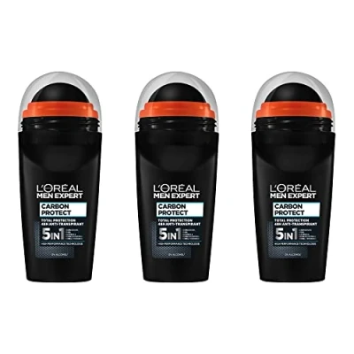 Image de L&#039;Oréal Men Expert Déodorant pour homme 5 en 1 contre la formation d&#039;odeurs, l&#039;humidité, les bactéries et résidus blancs jusqu&#039;à 48 heures de fraîcheur, Carbon Protect 3 x 50 ml