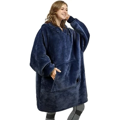 Image de Kato Tirrinia Couverture à Capuche, Sweat Shirt Sherpa surdimensionné, Portable Chaude Super Douce, Pull Poche géant Confortable Capuche Adultes Hommes Femmes, Bleu foncé