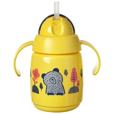 Image de Tommee Tippee Gobelet de paille lesté Superstar pour tout petits avec technologie INTELLIVALVE 100% anti fuites et secousses antibactérienne hygiénique BACSHIELD, 6 mois plus, 300 ml, lot 1, jaune