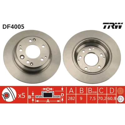 Image de TRW DF4005 Disque de frein 282 9 5 114 plein peint HONDA: Shuttle, Legend 2 Limousine, 3 Limousine