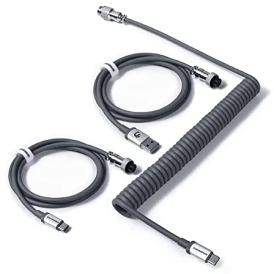 Image de MAMBASNAKE C04 Câble USB C Spiralé pour Claviers Mécaniques, Aviateur 2 En 1 Custom A to Type et C, Charging Double Sleeved avec Connecteur 5 Pin Gris
