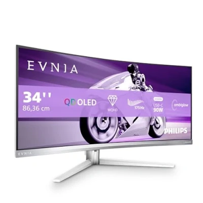 Image de Philips Evnia 34M2C8600 Moniteur de Jeu incurvé OLED WQHD 34 Pouces, 175 Hz, Ambiglow, HDR400, FreeSync Premium Pro, G Sync Comp.(3440x1440, 0,1 ms GtG,HDMI,DisplayPort,USB C,Hub USB) Gris/Blanc