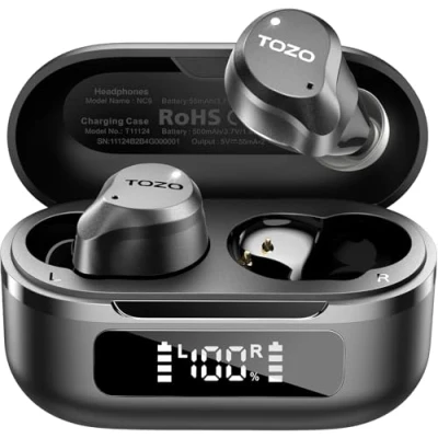 Image de TOZO Écouteurs hybrides sans fil à réduction active du bruit, 6 micros ENC Clear Call, étanches IPX8, écouteurs intra auriculaires Bluetooth 5.3 59 heures d&#039;autonomie avec affichage LED 32 EQs via APP