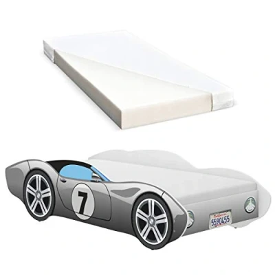 Image de iGLOBAL Lit pour enfant en forme de voiture Avec sommier à lattes Matelas mousse 140 x 70 cm Gris sans flammes