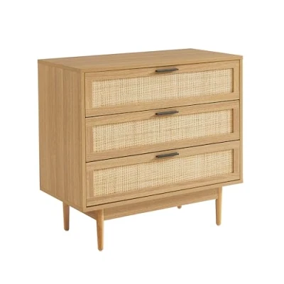 Image de BAÏTA Commode Amana Effet chêne et cannage rotin 3 tiroirs 80cm