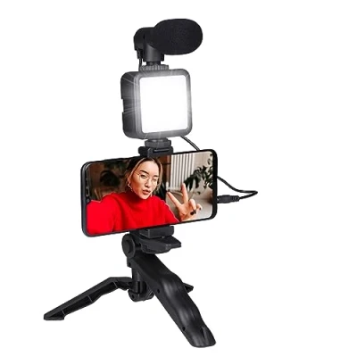Image de Grundig Trépied Téléphone avec Lampe Tripod Microphone LEDs 3 Réglages de Couleur pour Téléphones 53 à 84 MM Modèle Table et Perche Selfies Matériau en Plastique Noir