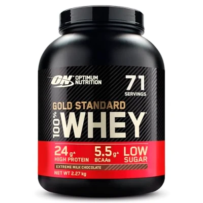 Image de Optimum Nutrition Gold Standard 100% Whey, Poudre de Protéines pour Construction et Récupération Musculaire, avec Glutamine Acides Aminés BCAA Naturels, Chocolat au Lait, 71 Portions, 2,27 kg