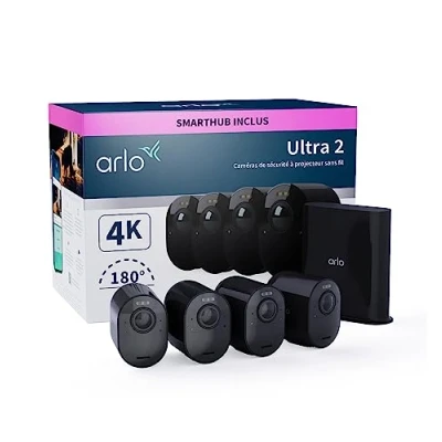 Image de Arlo Ultra 2 4K avec Smarthub, Camera video surveillance WiFi exterieure sans fil, Vision nocturne couleur, Detecteur de mouvement, Compatible Alexa, Essai Secure inclus, 4 Caméras noir