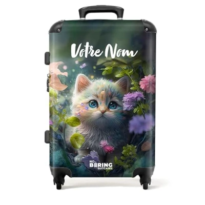 Image de NoBoringSuitcases.com Valise pour Enfant, Grande Valise, Personnalisable, Bagages Serrure TSA, 23kg, Taille (67cm 72L), (Chaton Parmi Les Fleurs Multicolore)