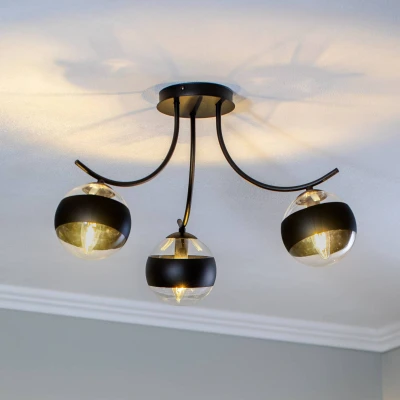 Image de Emibig BOSTON Plafonnier globe multi bras noir avec abat jour en verre transparent et noir, 3x E14
