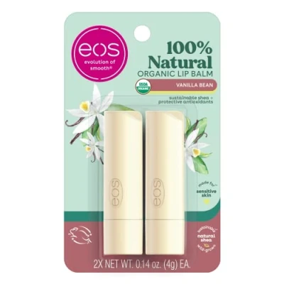 Image de EOS, organic 100% natural shea butter lip balm, vanilla bean, 2 packs, 4g (0.14oz) per pack