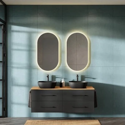Image de Planetmöbel Lux Ensemble de meubles salle bain avec meuble bas 140 cm, 2 lavabos à poser 42 cm noir, miroirs 50 (sans LED) chêne doré/anthracite