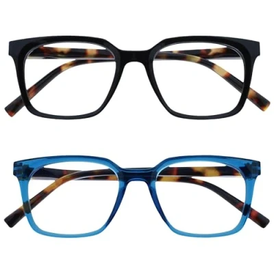 Image de OPULIZE KOI Lunettes de Lecture Lot 2 Large Monture Rectangulaire Noir/Bleu Hommes Femmes Charnières à Ressorts RR50 13 +1.50