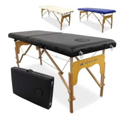 Image de Mobiclinic, Table de Massage Pliante, Portable, CM O1 Basic, 180x60 cm, Bois et Similicuir, 2 zonas, Marque européenne, Hauteur réglable, Système Verrouillage, Supporte 250 kg, Crème