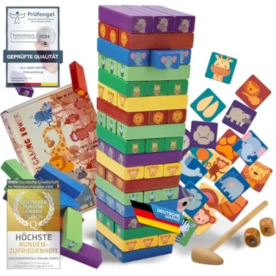 Image de Jouets en Bois pour Enfants à partir de 3 Ans Tour Bascule empiler avec Motifs d&#039;animaux Jouet éducatif 54 Blocs Construction