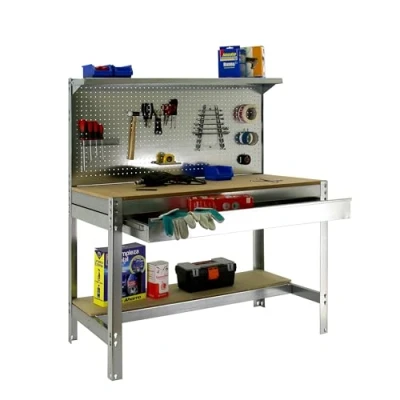 Image de SimonRack Etabli d’Atelier, Capacité de Charge 600 kg, 1445x1510x610 mm, Panneau Perforé avec 1 Étagère, Étagère Tiroir Rangement, Table Travail Bricolage, Galvanisé/Bois BT3
