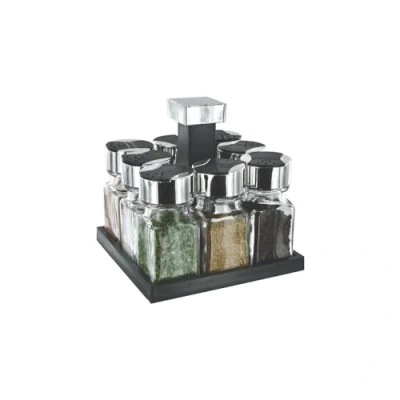 Image de S&amp;D KB5754 Carrousel à épices Distributeur carré rotatif 8 pots Noir gris et transparent Plastique verre Couvercles double clapets H17 x 16 cm