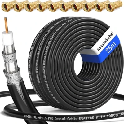 Image de HB DIGITAL 25m Câble Coaxial HQ 135 d&#039;Antenne 135dB Sat 8K 4K UHD 4 Fois Blindé pour Les Systèmes DVB S / S2 C C2 T T2 Dab+ Radio BK + 10 F Plug Gratuit