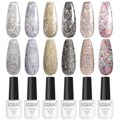 Image de ROSALIND Vernis Semi Permanent, Gel UV permanent 6 Couleurs Rose Argent Jaune Noir Paillettes à Ongles Soak Off UV/LED Manucure