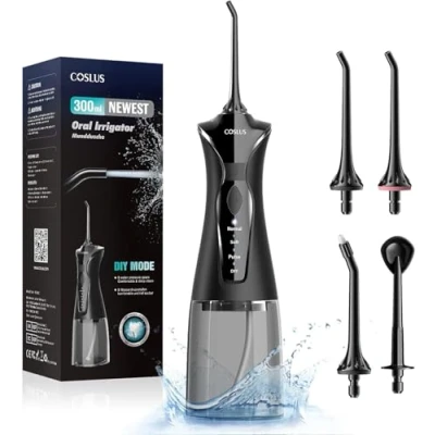 Image de COSLUS Hydropulseur jet Dentaire Portable: 4 Modes et Irrigateurs Oral, Réservoir d&#039;eau 300 ml Vainqueur du Test, Rechargeable Étanche IPX7, Noir