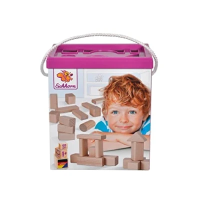 Image de Eichhorn Lot de 50 blocs construction, en bois couleur naturelle, dans une boîte rangement, avec cordon et couvercle tri, faits hêtre certifié FSC 100 %, pour les enfants à partir 1 an