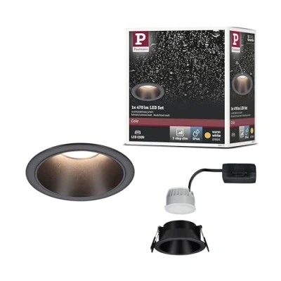 Image de Paulmann 94871 Spots encastrés LED 3 Step Dim Cole IP44 Rond 88 mm Coin 6W 470lm 230 V 2700 K, 6 W, Noir Mat, 1er Set