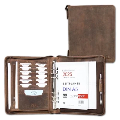 Image de ALMADIH organiseur format A5 en cuir vachette avec mécanisme à 6 anneaux + calendrier année 2024 bloc notes inclus, marron vintage Portefolio Porte documents Agenda personnel Timer