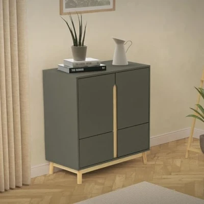 Image de ML Design Sideboard 80x40x86 cm, Vert Naturel, Commode avec 4 Portes et Pieds en Pin, Armoire de Cuisine Compartiments, Highboard Buffet, Rangement pour Salon Entrée
