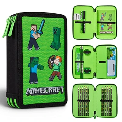 Image de Minecraft Trousse Scolaire Enfants avec Plusieurs Compartiment, Papeterie Incluse Ecole Fourniture (Vert Mob)