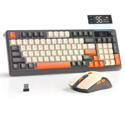 Image de FREEWOLF T96 Clavier et Souris sans Fil, Bluetooth &amp; 2,4G, Touches PBT, Molette Multimédia, Écran LCD, Silencieux, Anti Ghosting, Rechargeable, pour Mac/Windows/Linux Miroiter