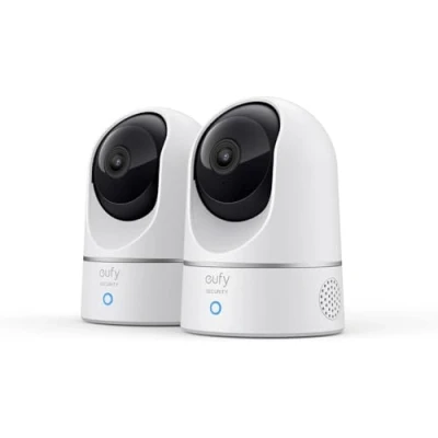 Image de eufy Security Indoor Cam 2K Pan &amp; Tilt Camera Surveillance WiFi, 2 Pack, caméra intérieure, Détection des Humains et Animaux par l&#039;IA, Assistants Vocaux, Carte microSD Requise