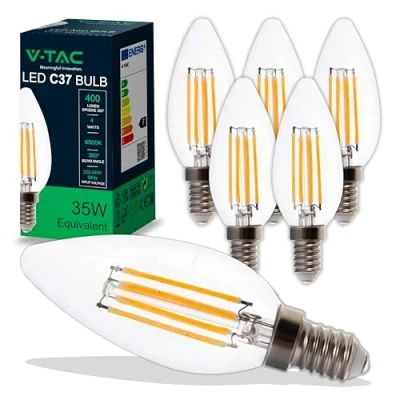 Image de V TAC 6x Ampoules LED Filament Bougie E14 4W (équivalent à 35W) 400 Lumen 6400K Blanc Froid Ouverture du faisceau lumineux 180 Ampoule Efficacité Maximale et Économie d&#039;Énergie