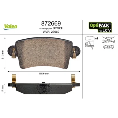 Image de VALEO 872669 Jeu de plaquettes frein Essieu arrière contact signal d&#039;usure exclu sans kit vis fixation, pour conditions d’usage difficiles