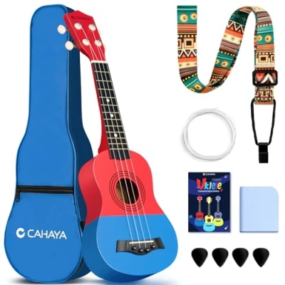 Image de CAHAYA ukulélé Soprano 21 Pouces: en tilleul avec housse de transport, sangle réglable, partitions, cordes rechange, chiffon nettoyage et 4 médiators pour adultes débutants, Rouge Bleu