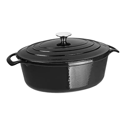 Image de Vogue Cocotte ovale en fonte émaillée avec couvercle, 5 litres, noir, taille : 110 (H) x 243 (L) 295 (P) mm, compatible induction, usage professionnel et domestique, GH306