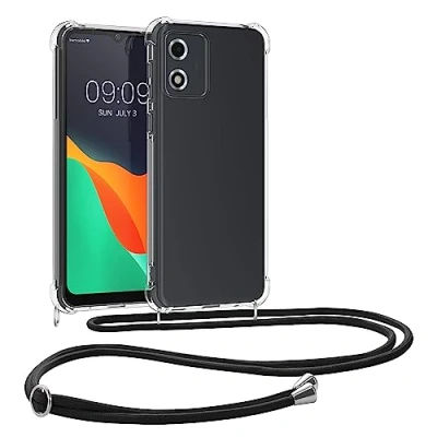 Image de kwmobile Coque Collier Compatible avec Motorola Moto E13 Housse de Protection en TPU Cordon Sangle Noir Transparent