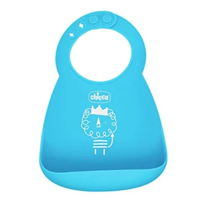 Image de Chicco Bavoir Rigide Easy Roll, en Silicone Souple, Pratique, Imperméable, Facile à Nettoyer, Col Ajustable, avec Grande Poche, 6 Mois et plus, Bleu