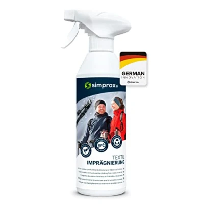 Image de simprax® Spray on Imperméabilisant pour Tissus 500ml Agent Étanche Fonctionnels d&#039;Utilisation Extérieure Softshell, Gore Tex, Sympatex