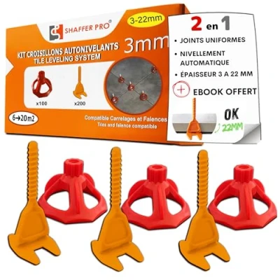 Image de Croisillons carrelage autonivelant 3 mm 200 clips + 100 cadrans réutilisables Shaffer pro système nivellement à visser Kit niveleur carrelageaide la pose de carreaux pour Sols/murs