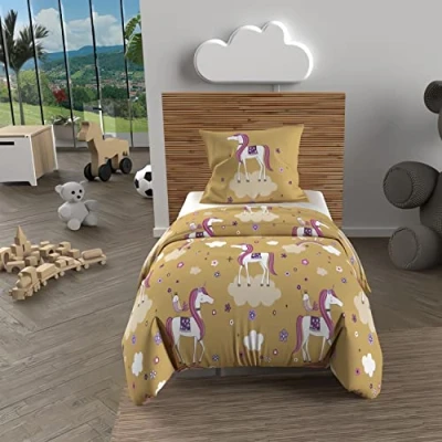 Image de Soleil d&#039;ocre, Parure Housse de Couette 120x150 cm Licornes Jaune, 100% Coton 57 Fils/cm2